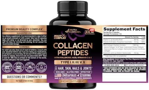 Multi Collagen Peptides 1300mg - Hydrolyzed Types I II III V & X - 240 Caps - Image 2