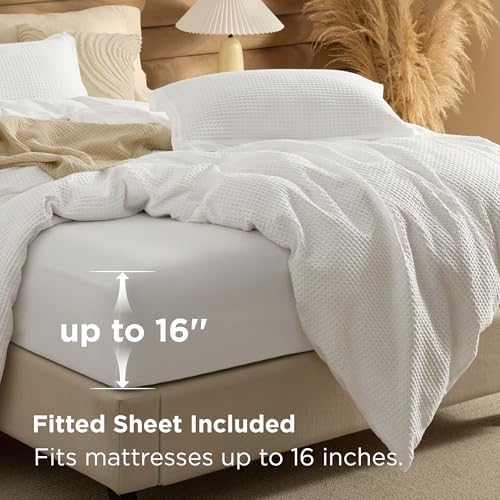 Bedsure PureWoven Cotton Waffle Duvet Cover Set with Fitted Sheet, Queen - Image 2