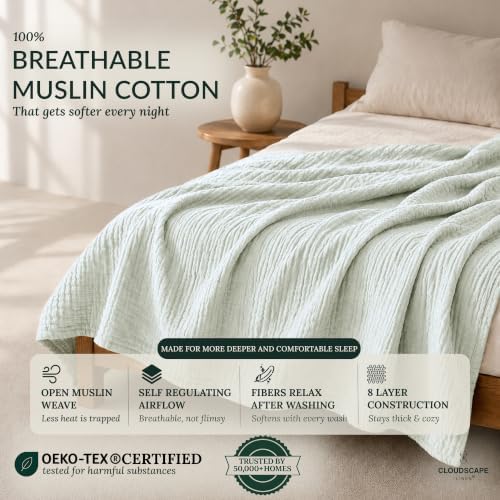 CLOUDSCAPE 8 Layer 100% Cotton Muslin Blanket Queen Size, 92"x92", Sea Foam - Image 2