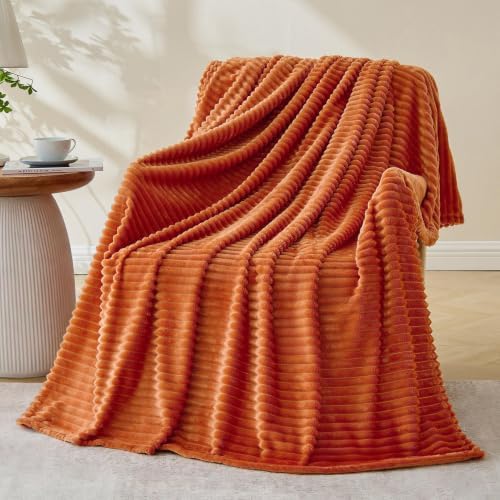 Bnuitland Burnt Orange Fleece Throw Blanket for Couch, 300GSM Soft Warm Cozy Fluffy Throw for Adults & Kids, Stripe Pattern 50"x60", All Season Sofa Bed Blanket for Home Decor by BNUITLAND