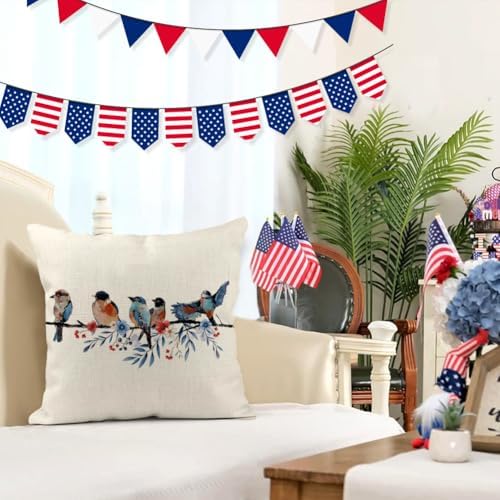 RABUSOFA 4th of July Memorial Day Patriotic Throw Pillow Cover,18x18 Inch Red White and Blue Birds Flowers Independence Day American Fourth of July Decoration for Sofa Couch - Image 4
