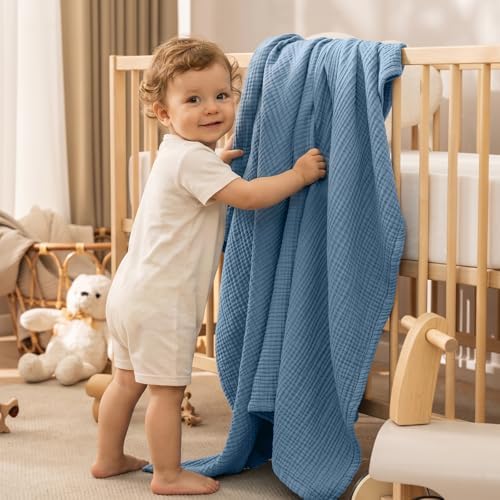 PHF 100% Cotton Muslin Blanket Twin XL Size 66"x90", 4-Layer Lightweight Gauze Throw, Breathable Cloud-Soft Minimalist Blanket for Bed, Couch, Camping & Baby, Denim Blue, Ideal Gift - Image 6