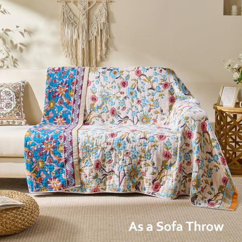VANJOROY Boho Throw Blanket, 100% Organic Cotton Breathable Skin-Friendly Ultra Soft 50" x 60" Bed Quilt Throw - Floral Rustic Decor Luxury Reversible Blanket for Sofa Couch Chair and Gift, - Image 3