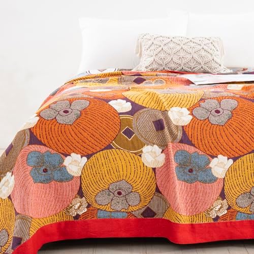 100% Muslin Cotton Throw Blanket for Bed Couch Chair, Floral Persimmon Printed Colorful Retro Quilt Ultra Soft Reversible Gauze Blanket for All Season, 60"x80" - Image 2