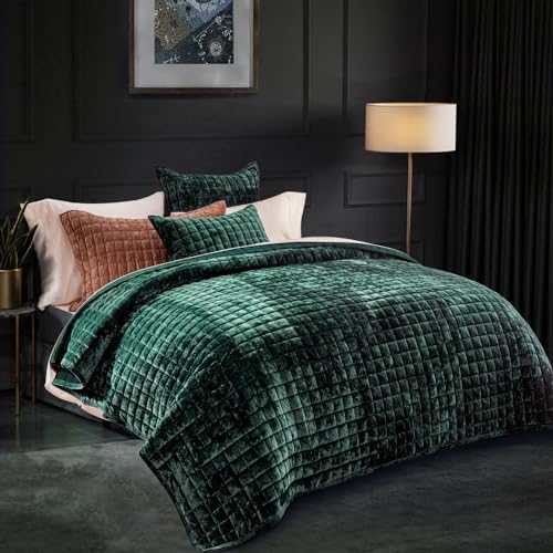 RECYCO Channel Box Stitch Velvet Quilt Set, King Size, Emerald Green - Image 3