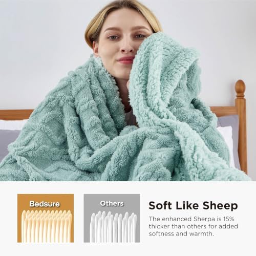 Bedsure Sherpa Fleece Blanket, Cable Jacquard Tufted, Warm, Mint, Twin - Image 3