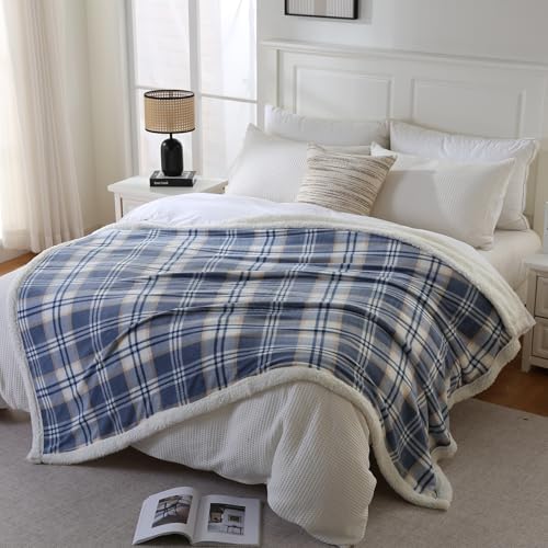 PU MEI Sherpa Blanket Twin Plaid Thick Bed Blanket, 60”*80” Super Soft Flannel Fuzzy Fleece Reversible Velvet Plush Warm Blanket for Couch (Blue White Check) - Image 6