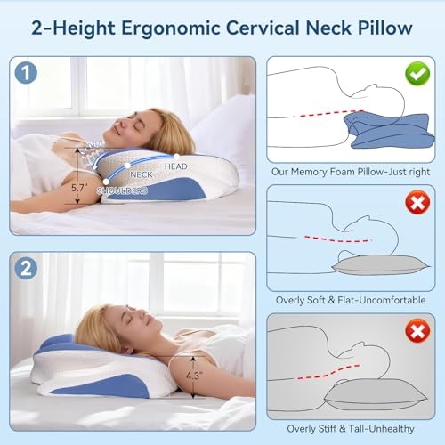 Cervical Neck Pillow for Sleeping, Ergonomic Contour Pillow for Neck and Shoulder Pain with Pillowcase, Cooling Memory Foam Pillows for Side Sleepers, Back Sleepers and Stomach Sleepers, Blue - Image 5