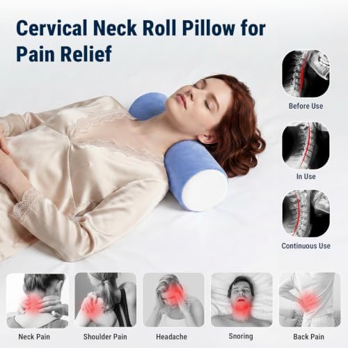 Neck Roll Cervical Pillow for Neck Pain Relief - Memory Foam Neck Pillow for Bed, Round Neck Pillows for Sleeping, 15.7 * 6 * 6inch (Blue-White) - Image 4