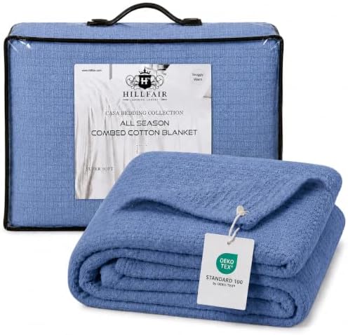 HILLFAIR 100% Combed Cotton Blanket– California King Size Bed Blanket – Warm Soft All Season Breathable Blankets – 102 x 108 inch Extra Large Oversized California King Cotton Blankets for Bed- Blue by HILLFAIR