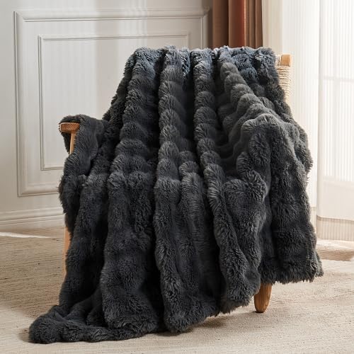 Lotus Karen Faux Fur Throw Blanket Dark Gray - Big Bubble Rabbit Fluff Blanket for Couch, Small Fluffy Fuzzy Cozy Blanket, Thick Furry Plush Shaggy Blankets, 50x60 Inches - Image 5