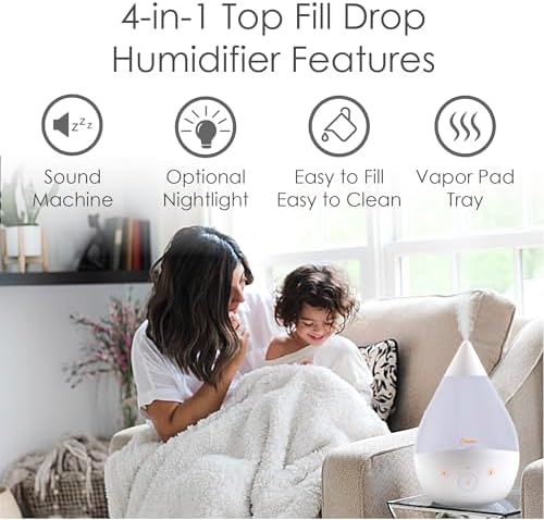 Crane 4-in-1 White Drop Ultrasonic Cool Mist Humidifier with Sound Machine, Night Light, Aroma Tray, 1 Gallon Top Fill White - Image 2