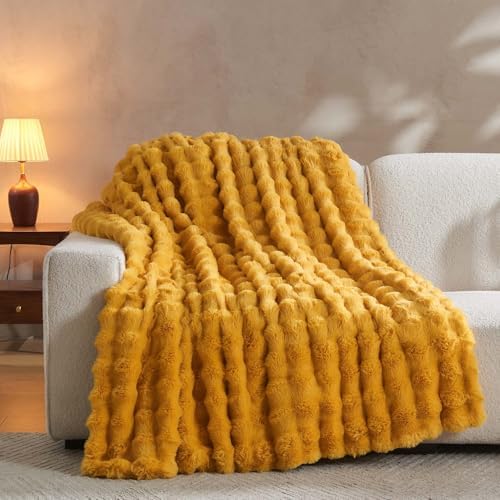 Lotus Karen Faux Fur Throw Blanket Ginger Yellow - Big Bubble Rabbit Fluff Blanket for Couch Bed Sofa,Softest Fluffy Fuzzy Cozy Blanket,Thick Furry Plush Shaggy Warm Blankets for Women,50x60 Inches - Image 3