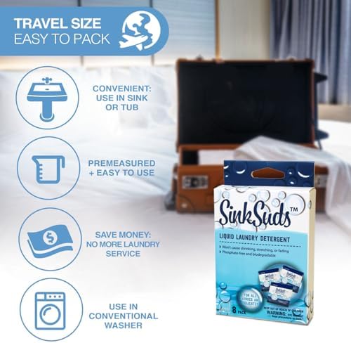 SinkSuds Laundry Detergent | Travel Size Liquid Soap | TSA Compliant | Safe For All Fabrics | 12 Packets & 2 Sink Stoppers - Image 3
