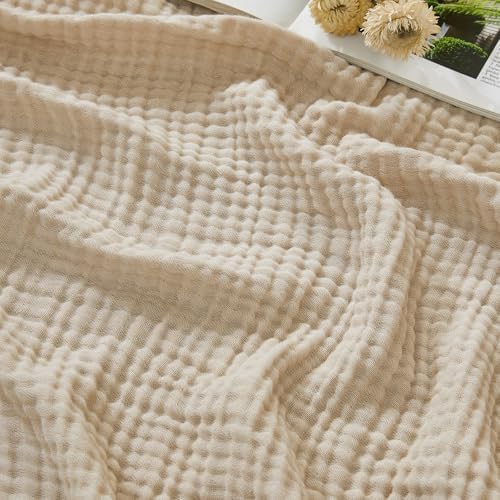 EMME Cotton Muslin Queen Blanket Bed Layering Bedspread Coverlet Breathable Gauze Soft Lightweight Blankets (Heather Beige, 90"x90") by EMME