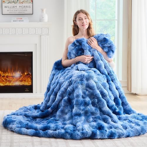 Lotus Karen Faux Fur Throw Blanket Tie-Dye Blue-Big Bubble Rabbit Fluff Blanket for Couch,Small Fluffy Fuzzy Cozy Blanket,Thick Furry Plush Shaggy Blankets,50x60 Inches by LotusKaren