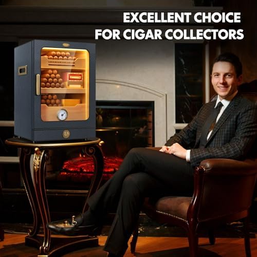 Tesonway Cigar Humidor, Desktop Cigar Humidor Cabinet Light Control System with Spanish Cedar Wood Shelves, Hygrometer, 3 Humidifiers and Cigar Accessories Drawer, for Men (Carbon Fiber) - Image 6