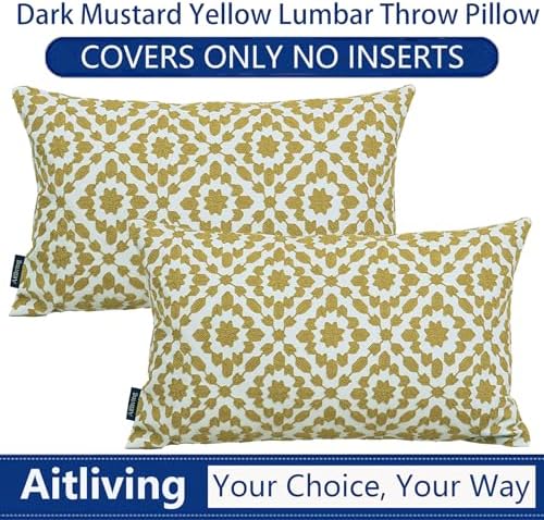 2PCS Pack Aitliving Golden Palm Lumbar Pillow Cushion Cover Decorative Throw Pillow Case in Oil Yellow 12x20 Trellis Mina Dark Mustard Yellow Ochre Color 30x50cm Yellow Accent Pillow for Home Decor - Image 6