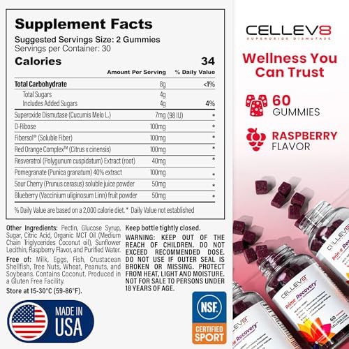 Cellev8 Prime Recovery Joint & Muscle Recovery Gummies - 60 Count - Antioxidant Cellular Health, Daily Energy, Wellness, Supplements with SOD, Tart Cherry - NSF Sport Formula, Raspberry Flavor - Image 2