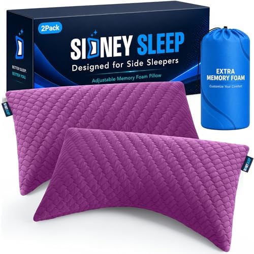 Sidney Sleep Set of 2 Queen Size Adjustable Bed Pillows for Side and Back Sleepers - Memory Foam Pillows for Neck and Shoulder Support - Customizable Loft - Extra Foam Included (Magenta) by SidneySleep