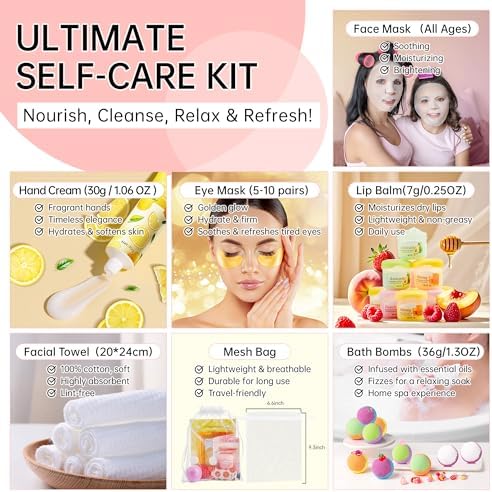 35 Pcs Spa Party Supplies for 5 – Spa Gifts for Women, Girls & Kids | Spa Set with Eye & Face Masks, Lip Balm, Hand Cream, Bath Bombs, Towels & Gift Bags | Spa Kit for Birthdays, Sleepovers, Spa Days - Image 6