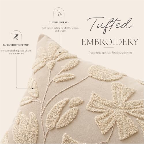 BlissBlush 14x36 Lumbar Pillow Cover for Bed, Rectangular Decorative Long Throw Pillowcase, Embroidered Farmhouse Accent Cushion, Beige Neutral Floral Tufted (Cover Only) - Image 4