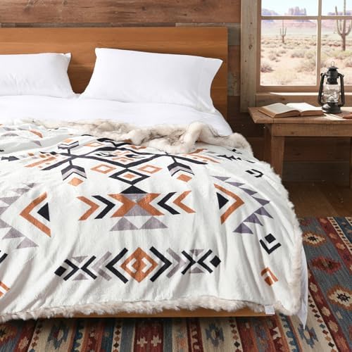 Luxury Plush Faux Fur Throw Blanket with Aztec Pattern, Super Warm, Fuzzy, Elegant, Fluffy Decoration Blanket for Couch, Armchair, Sofa and Bed, 60''x 80'', Cream - Image 3