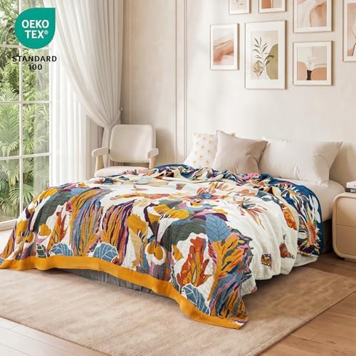 MSGKV 100% Cotton Throw Blanket for Bed Couch Fall 90''x 98'' Super Soft Muslin Blankets Warm Boho Quilt Lightweight Farmhouse Decorative Bed Blankets - Image 2