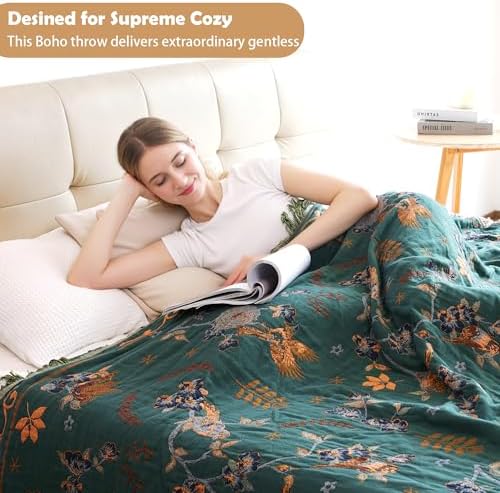 VANJOROY Boho 100% Organic Cotton Muslin Throw Blanket 50" x 60" - All Season Rustic Ultra Soft Breathable Floral Bird Blanket for Bed Sofa Couch Chair Bedspread Quilt Gift-Teal/Beige - Image 3