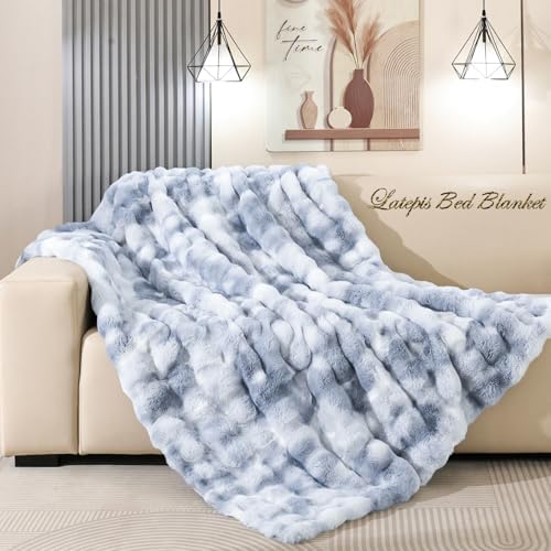 Latepis Faux Fur Fluffy Blanket for Couch, Super Soft Luxury Faux Fur Bubble Plush Thick Warm Cozy Fuzzy Twin Blanket for All Seasons, 60” x 80”, Tie-dye Blue, 860GSM by Latepis