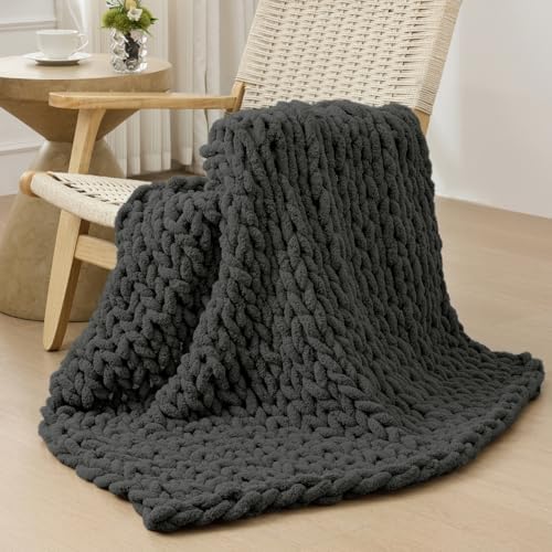 Bigacogo Chunky Knit Throw Blanket for Couch, 40x40 inches, Dark Grey by Bigacogo