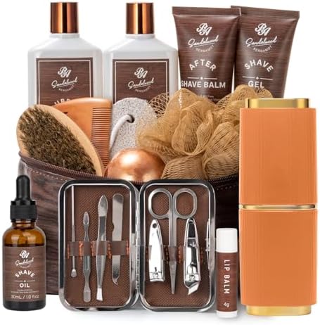 21 Pcs Sandalwood Bath & Body Care Gift Basket Set for Men, Father's Day Gifts for Dad, Men Skin Care Gift Set, Leather Bag, Home Spa Kit, Birthday,Anniversary, Christmas, Boyfriend by RAROSAACCA