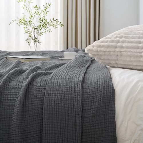 Esterra Muslin Twin Size Cozy Soft Lightweight Pre-Washed Cotton Blanket, All Season Breathable 4-Layer Gauze Blanket Throw for Couch Bed, Dark Gray, 66x90 Inches - Image 4