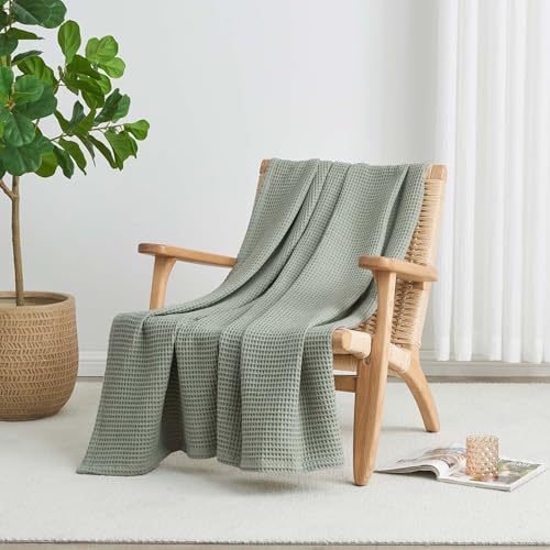 100% Cotton Green Blanket Twin Size for Bed - Breathable and Soft, Waffle Weave for Summer Spring, 90x66 Inches (Eucalyptus) - Image 3
