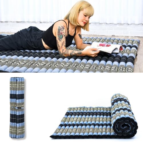Leewadee - Foldable Floor Mattress - Japanese Roll Up Futon -Trifold Tatami Mat- Guest Floor Bed - Camping Mattress - Thai Massage Mat, Kapok Filled, 75 x 57 inches, Blue by Leewadee