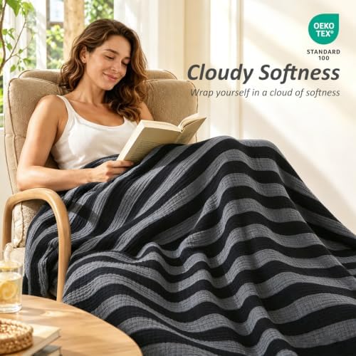 EMME Cotton Muslin Blanket Couch 4-Layer Breathable Gauze Soft Lightweight Bed Blankets Adults Black Twin XL (66" x 90") - Image 2