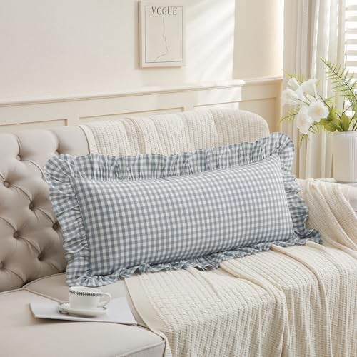 Light Blue/White Ruffled Long Lumbar Gingham Pillow Sham 14x36 inches - Image 4