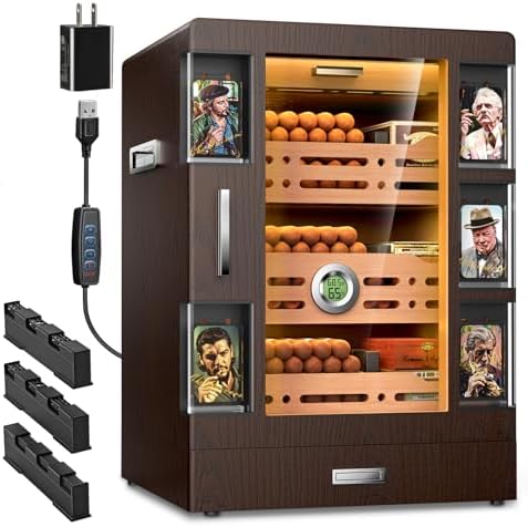 XIFEI Cigar Humidor Cabinet with 5 Acrylic Display Cases, Adjustable LED Lighting, Cedar Wood Shelves & Drawer, Digital Hygrometer, 3 Humidifiers, 100-150 Capacity Desktop Cigar Humidor for Gifts by XIFEI