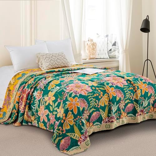 100% Muslin Cotton Throw Blanket for Bed Couch Chair, Bohemian Floral Colorful Retro Quilt Ultra Soft Reversible Gauze Blanket for All Season, 60"x80" by Purefair