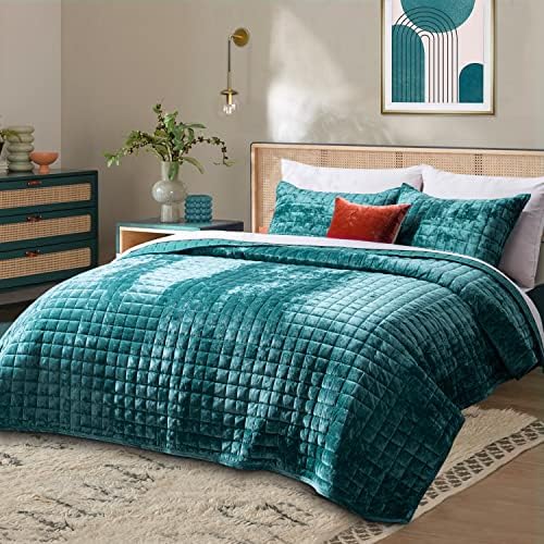 RECYCO Channel Box Stitch Velvet Quilt Set, King Size, Teal - Image 2
