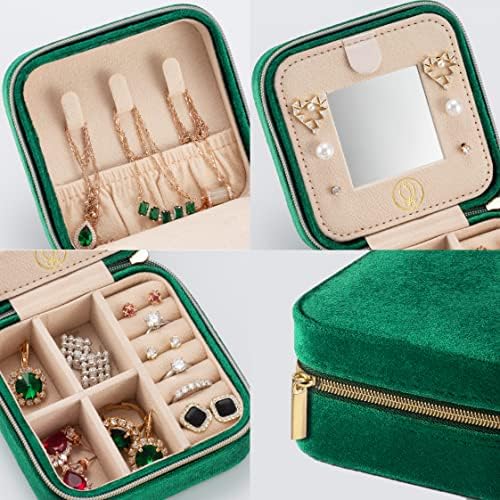 ZPROW Plush Velvet Travel Jewelry Case, Organizer, Box, Small Case for Women, Earring Organizer with Mirror, Best Gifts For Daughter, Girlfriend, Mom - Emerald Green - Image 3