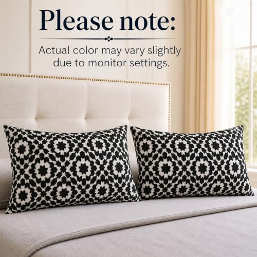 Embroidered Summer Decorative Lumbar Sofa Pillow Cover 12"x20", Mina Black Trellis Throw Pillowcase Pattern, Cotton Canvas Bolster Cushion Case for Couch Bed Living Room Decor(Black and White) - Image 4