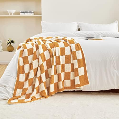 CozeCube Orange White Reversible Checkered Knit Throw Blanket 50"x60" - Image 6