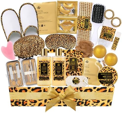 Mother's Day Gifts for Mom, 33 Pcs XXL Leopard Bath and Body Gifts Basket Set for Women, Hydrating Skin Care Set, Self Care Gifts Kit, Birthday, Home Spa Gift Set for Women, Christmas, Anniversary by RAROSAACCA