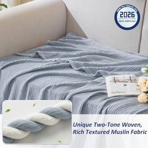 EMME Cotton Muslin Large Throw Blanket Couch Breathable Gauze Soft Lightweight Bed Blankets Adults (Heather Dusty Blue, 50"x70") - Image 2