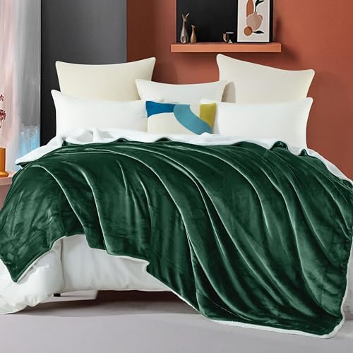 Elegant Comfort Ultra Soft Reversible Flannel Sherpa Blanket - Cozy Silky Fleece Throw for Couch, Bed - Plush Fuzzy Warm Winter Blanket for Gift, Full, Hunter Green - Image 2