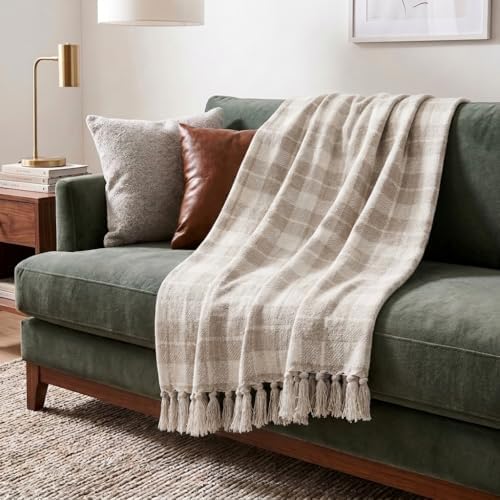 Americanflat 50x60 Throw Blanket - Soft and Breathable Cotton Throw Blanket for Couch, Bed, Chair - Decorative Blankets Perfect for Home, Office, or Outdoor Use - Cream and Beige Plaid Design by Americanflat
