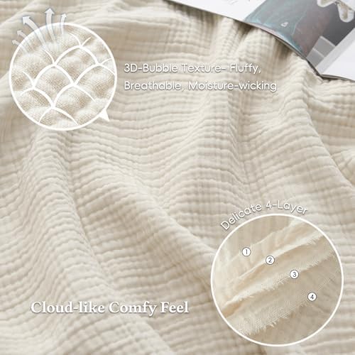David's Home 100% Cotton Muslin Throw Blanket for College Dorm, 4-Layer Soft Breathable Lightweight Comfy Cozy Throw Guaze for Hot Sleepers, 3D Bubble Room Decor for Bed, Giftable, Brich, 50"x70" - Image 3