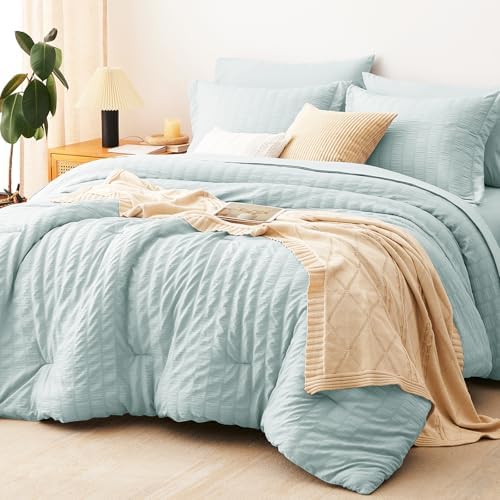 CozyLux Queen Comforter Set, 7 Pieces Ice Blue Seersucker Bed in a Bag by CozyLux