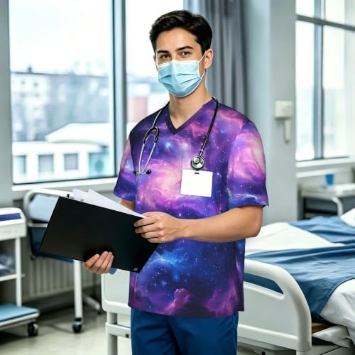 Men's Scrub Top,V-Neck Spill Wrinkle Resistant,3 Pockets-Space Galaxy (6) - Image 3